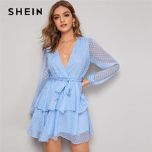 Charger l'image dans la galerie, SHEIN Purple Deep V Neck Double Layer Hem Swiss Dot Dress Women 2019 Autumn Bishop Sleeve Sexy Ladies Belted Short Dresses