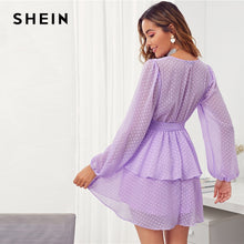 Charger l'image dans la galerie, SHEIN Purple Deep V Neck Double Layer Hem Swiss Dot Dress Women 2019 Autumn Bishop Sleeve Sexy Ladies Belted Short Dresses