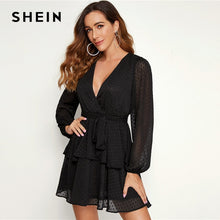 Charger l'image dans la galerie, SHEIN Purple Deep V Neck Double Layer Hem Swiss Dot Dress Women 2019 Autumn Bishop Sleeve Sexy Ladies Belted Short Dresses