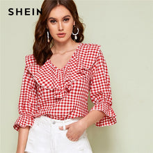 将图片加载到图库查看器,SHEIN Red V Neck Ruffle Trim Gingham Spring Casual Blouse Top Women 2019 Autumn Flounce Sleeve Cute Ladies Blouses And Tops