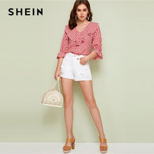 将图片加载到图库查看器,SHEIN Red V Neck Ruffle Trim Gingham Spring Casual Blouse Top Women 2019 Autumn Flounce Sleeve Cute Ladies Blouses And Tops