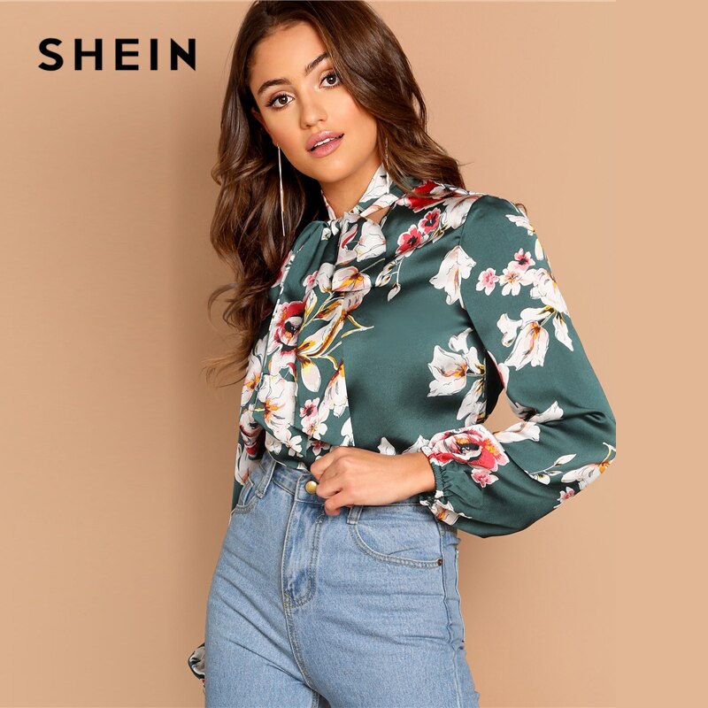 SHEIN Tie Neck Flower Print Stand Collar Long Sleeve Blouse Modern Lady 2019 Spring Women Elegant Lantern Sleeve Blouse