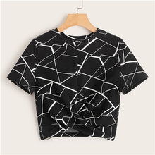 將圖片載入圖庫檢視器 SHEIN Twist Hem Cross Wrap Hem Geo Print Crop Top Women Summer Casual Slim Fit Blouse Short Sleeve Womens Tops and Blouses