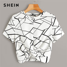 將圖片載入圖庫檢視器 SHEIN Twist Hem Cross Wrap Hem Geo Print Crop Top Women Summer Casual Slim Fit Blouse Short Sleeve Womens Tops and Blouses