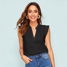 Charger l'image dans la galerie, SHEIN V-Placket Lace Trim Shell Top 2019 Elegant V Neck Stand Collar Summer Sleeveless Womens Tops and Blouses Casual Undershirt