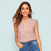 Charger l'image dans la galerie, SHEIN V-Placket Lace Trim Shell Top 2019 Elegant V Neck Stand Collar Summer Sleeveless Womens Tops and Blouses Casual Undershirt