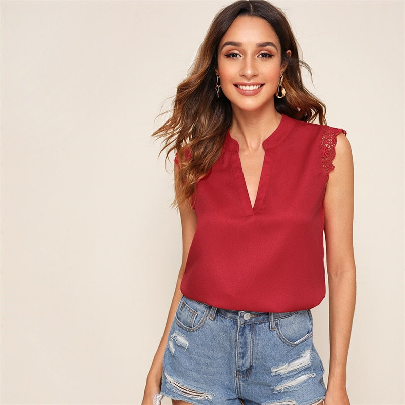 SHEIN V-Placket Lace Trim Shell Top 2019 Elegant V Neck Stand Collar Summer Sleeveless Womens Tops and Blouses Casual Undershirt