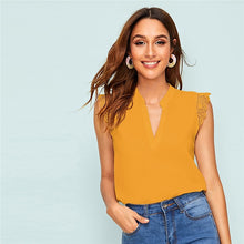 Charger l'image dans la galerie, SHEIN V-Placket Lace Trim Shell Top 2019 Elegant V Neck Stand Collar Summer Sleeveless Womens Tops and Blouses Casual Undershirt