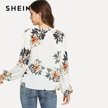 将图片加载到图库查看器,SHEIN White Elegant Office Lady Floral Print V Neck Long Sleeve Pullovers Blouse Autumn Workwear Women Tops And Blouses