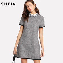 將圖片載入圖庫檢視器 SHEIN Work Dress Women Elegant Black and White Short Sleeve Embroidered Contrast Collar Fringe Lace Trim Houndstooth Dress