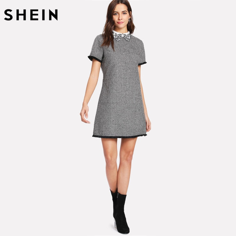 SHEIN Work Dress Women Elegant Black and White Short Sleeve Embroidered Contrast Collar Fringe Lace Trim Houndstooth Dress
