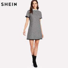將圖片載入圖庫檢視器 SHEIN Work Dress Women Elegant Black and White Short Sleeve Embroidered Contrast Collar Fringe Lace Trim Houndstooth Dress