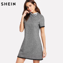 將圖片載入圖庫檢視器 SHEIN Work Dress Women Elegant Black and White Short Sleeve Embroidered Contrast Collar Fringe Lace Trim Houndstooth Dress