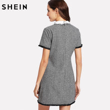 將圖片載入圖庫檢視器 SHEIN Work Dress Women Elegant Black and White Short Sleeve Embroidered Contrast Collar Fringe Lace Trim Houndstooth Dress