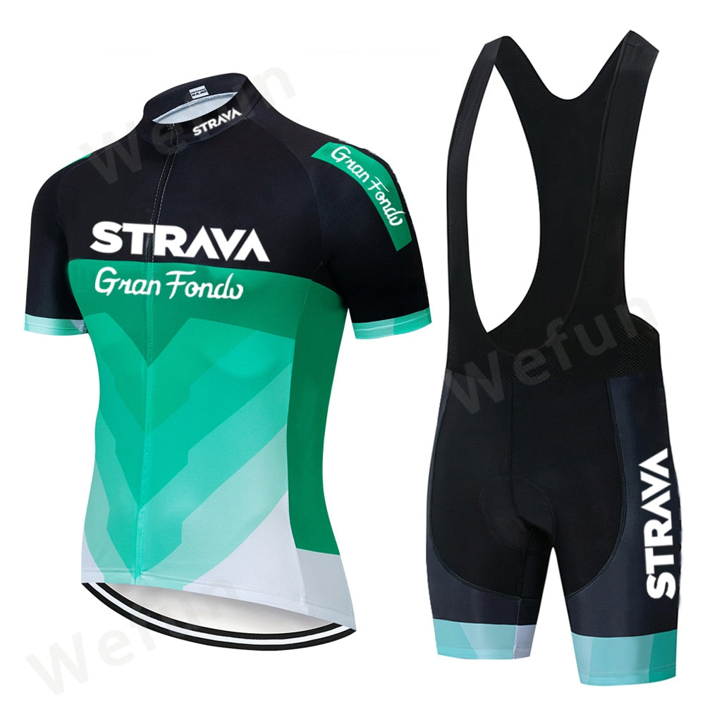 STRAVA Pro Team summer cycling Jersey set Bicycle Clothing Breathable Men Short Sleeve shirt Bike bib shorts 9D Gel pad