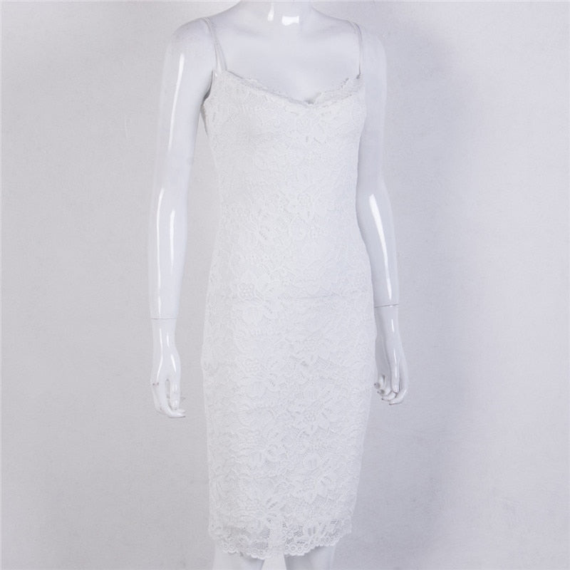 Sexy Summer Lace Elegant Party Bodycon Dress For Women V-Neck Spaghetti Strap Knee-Length Women's Dresses