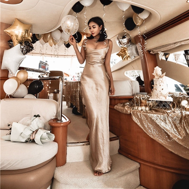 Sexy party dress long gold satin dress silk dress white club dress midi elegant dresses korean Christmas vestidos casual