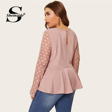将图片加载到图库查看器,Sheinside Plus Size Elegant Polka Dot Mesh Sleeve Blouse Women 2019 Spring Ruffle Hem Blouses Ladies Solid Keyhole Back Top