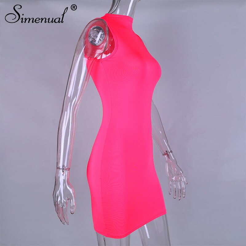 Simenual Neon Pink Sleeveless Women Mini Dress Bodycon Sexy Fashion Party Clubwear Skinny Solid Slim Basic 2019 Hot Dresses New