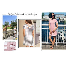 將圖片載入圖庫檢視器 Striped Swing Dress Criss Cross Back Summer Large Size Mini Swing Dress Casual Stripe Criss Cross Short Sleeve T Shirt Mini Dress
