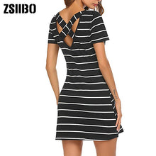 將圖片載入圖庫檢視器 Striped Swing Dress Criss Cross Back Summer Large Size Mini Swing Dress Casual Stripe Criss Cross Short Sleeve T Shirt Mini Dress