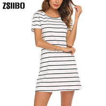 將圖片載入圖庫檢視器 Striped Swing Dress Criss Cross Back Summer Large Size Mini Swing Dress Casual Stripe Criss Cross Short Sleeve T Shirt Mini Dress