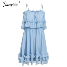 將圖片載入圖庫檢視器 Simplee Elegant Ruffles Off Shoulder Women Dress Spaghetti Strap Chiffon summer dresses Casual holiday female pink short sundress