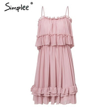 將圖片載入圖庫檢視器 Simplee Elegant Ruffles Off Shoulder Women Dress Spaghetti Strap Chiffon summer dresses Casual holiday female pink short sundress
