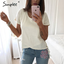 将图片加载到图库查看器,Simplee Lace Up Irregular Women's T-shirt Short Sleeve Split Blouse Female Hollow out