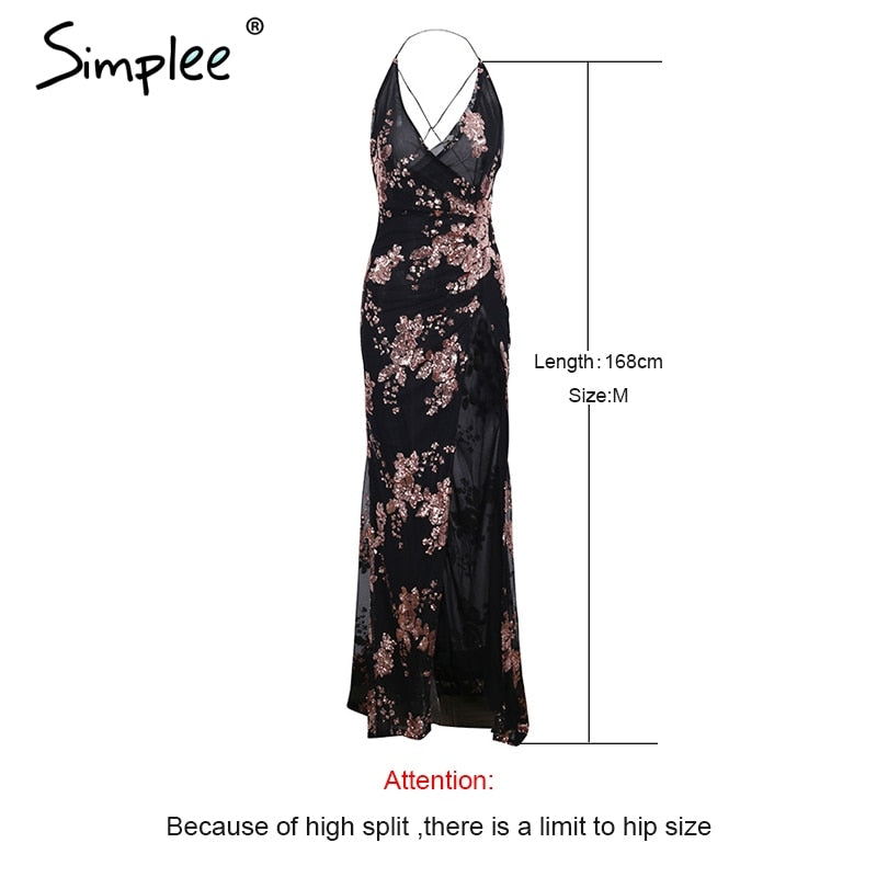 Simplee Sexy Lace Up Halter Sequin Dress Women's High Split Maxi Dress Special Events Female Christmas Evening Long Dress