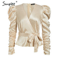 將圖片載入圖庫檢視器 Simplee Women's Puff Sleeve Blouse V Neck Sash Belt Female Blouses Shirts Autumn Winter Party cCub Ladies Tops Blusa