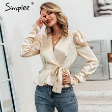 將圖片載入圖庫檢視器 Simplee Women's Puff Sleeve Blouse V Neck Sash Belt Female Blouses Shirts Autumn Winter Party cCub Ladies Tops Blusa