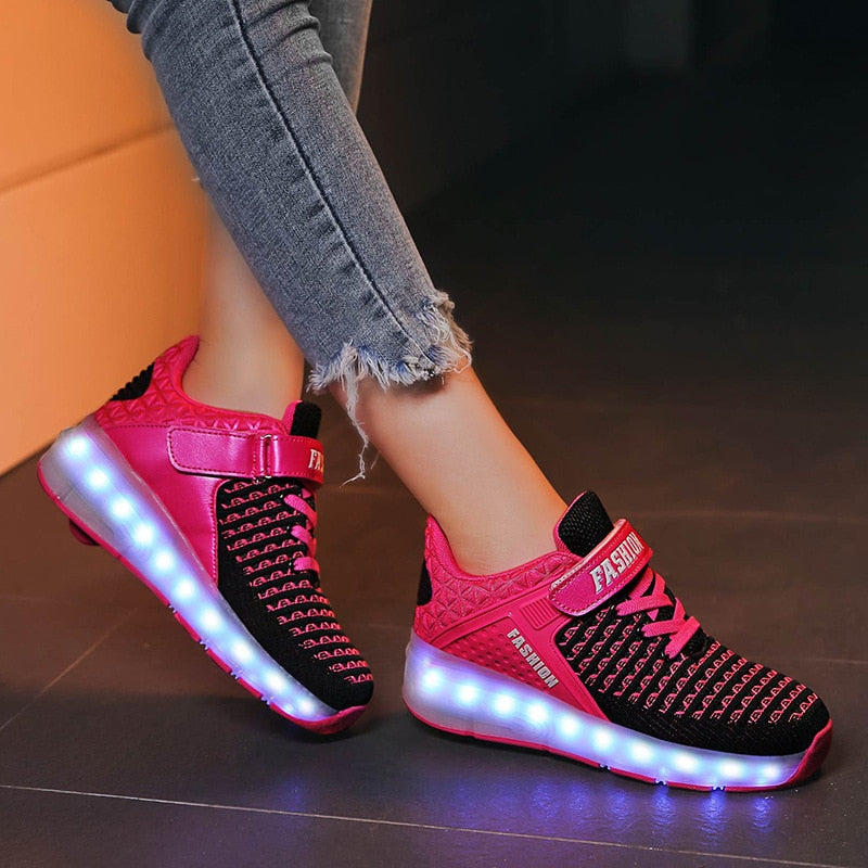 Size 28-40 Roller Sneakers for Kids Boys LED Light Up Shoes with Double Wheels USB Charging Skate Shoes for Children Boys Girls