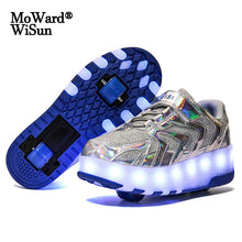 Cargar imagen en el visor de la galería, Size 28-41 Luminous Wheels Sneakers Kids Boys USB Charged Growing LED Roller Skate Shoes for Children Girls Double Wheels Shoes