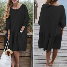 將圖片載入圖庫檢視器 Spring Summer Dress Casual Loose Women O Neck 3/4 Sleeve Ruffle Swing Cotton Solid Color Knee Length Dress