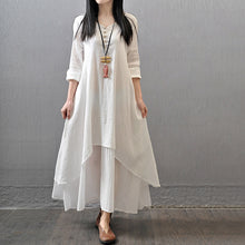 將圖片載入圖庫檢視器 Spring Summer Women Long Cotton Linen Dress White Plus Size False Two Pieces O-Neck Maxi Dresses Office Casual Loose Dress