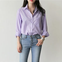 將圖片載入圖庫檢視器 Spring Women Blouse Striped Turn-down Collar Office Lady Tops Full Sleeve Women Shirts Light Purple Fashion Female Tops blusas