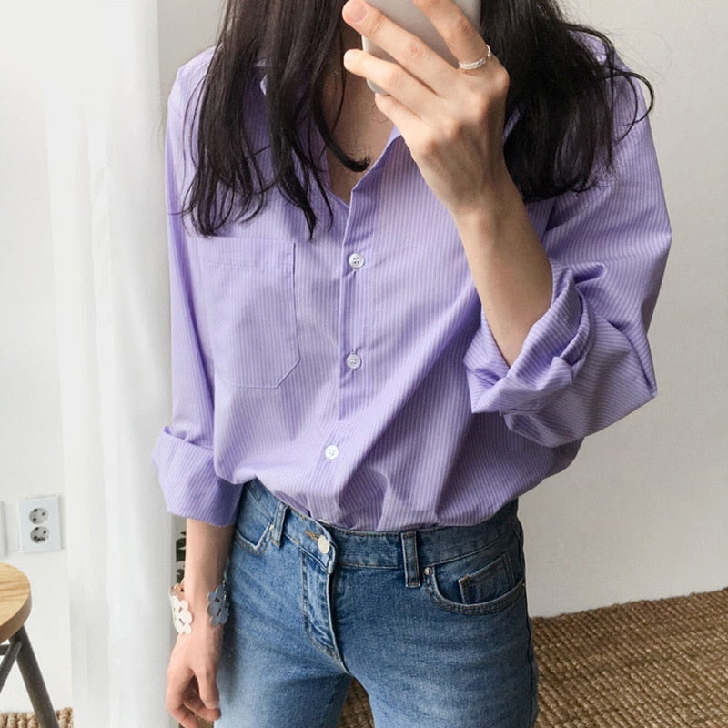 Spring Women Blouse Striped Turn-down Collar Office Lady Tops Full Sleeve Women Shirts Light Purple Fashion Female Tops blusas