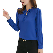 將圖片載入圖庫檢視器 Women's Long Sleeve Stand Collar Bow Blouses Shirt Elegant Ladies Chiffon Blouse Tops Fashion Office Work Wear