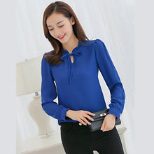 將圖片載入圖庫檢視器 Women's Long Sleeve Stand Collar Bow Blouses Shirt Elegant Ladies Chiffon Blouse Tops Fashion Office Work Wear