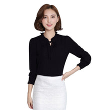 將圖片載入圖庫檢視器 Women's Long Sleeve Stand Collar Bow Blouses Shirt Elegant Ladies Chiffon Blouse Tops Fashion Office Work Wear