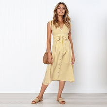將圖片載入圖庫檢視器 Striped V Neck Dresses Women 2019 Summer Fashion Elegant Vestidos Midi Dress Female Button Casual Sleeveless Belt Party Dress. Women's Dress