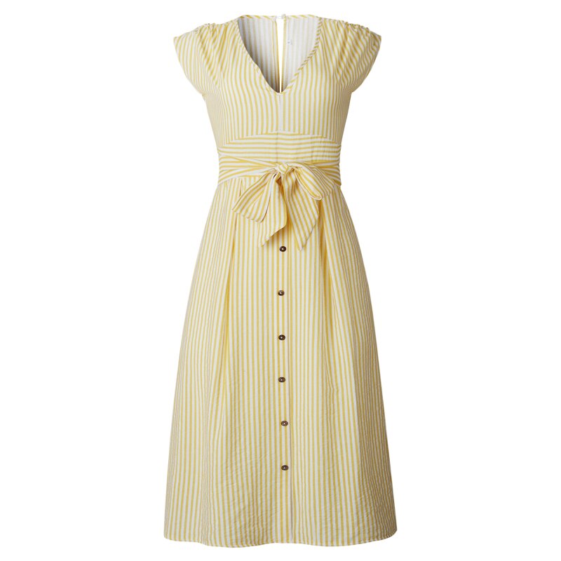 Striped V Neck Dresses Women 2019 Summer Fashion Elegant Vestidos Midi Dress Female Button Casual Sleeveless Belt Party Dress. Women's Dress