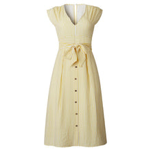 將圖片載入圖庫檢視器 Striped V Neck Dresses Women 2019 Summer Fashion Elegant Vestidos Midi Dress Female Button Casual Sleeveless Belt Party Dress. Women's Dress