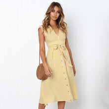 將圖片載入圖庫檢視器 Striped V Neck Dresses Women 2019 Summer Fashion Elegant Vestidos Midi Dress Female Button Casual Sleeveless Belt Party Dress. Women's Dress