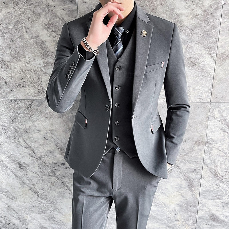 Suit Jacket Vest Pants 3 Pcs Set / 2021 Fashion New Men's Casual Business Solid Color Slim Fits Blazers Coat Trousers Waistcoat