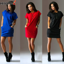 將圖片載入圖庫檢視器 Summer Dress Women Short Sleeve O Neck Mini Dress Bodycon Pocket Loose Casual Female Dress Office Lady Work Dress Vestidos