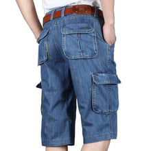 将图片加载到图库查看器,Men's Jeans Denim Shorts Cotton Cargo Shorts Big Pocket Loose Baggy Wide Leg Embroidery Bermuda Beach Boardshort