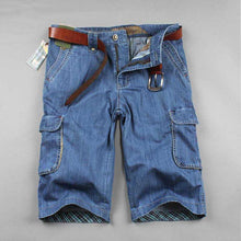 将图片加载到图库查看器,Men's Jeans Denim Shorts Cotton Cargo Shorts Big Pocket Loose Baggy Wide Leg Embroidery Bermuda Beach Boardshort