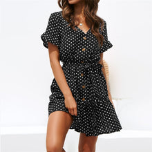 將圖片載入圖庫檢視器 Summer Short Dress Women Short Sleeve Beach Dot Print Dress Sexy V Neck Button Pleated Mini Party Dresses Leisure Ladies Vestido